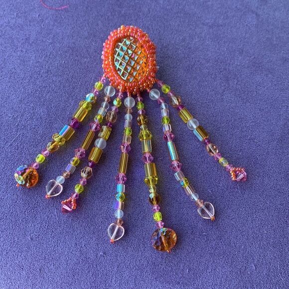 Fabulous coral/orange ab chandelier glass artisan beaded pierced earrings - Picture 3 of 11